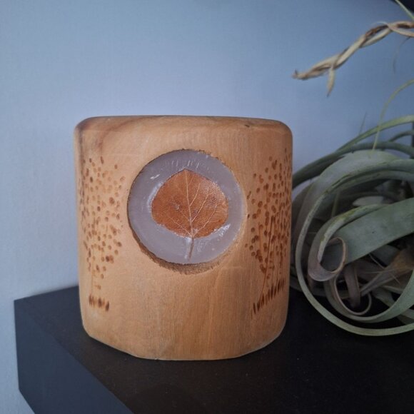 Wooden Candle Holder Leaf Fall Rustic Tree Cabin Cottage Country Wax 5 Inch Tall - Picture 2 of 10